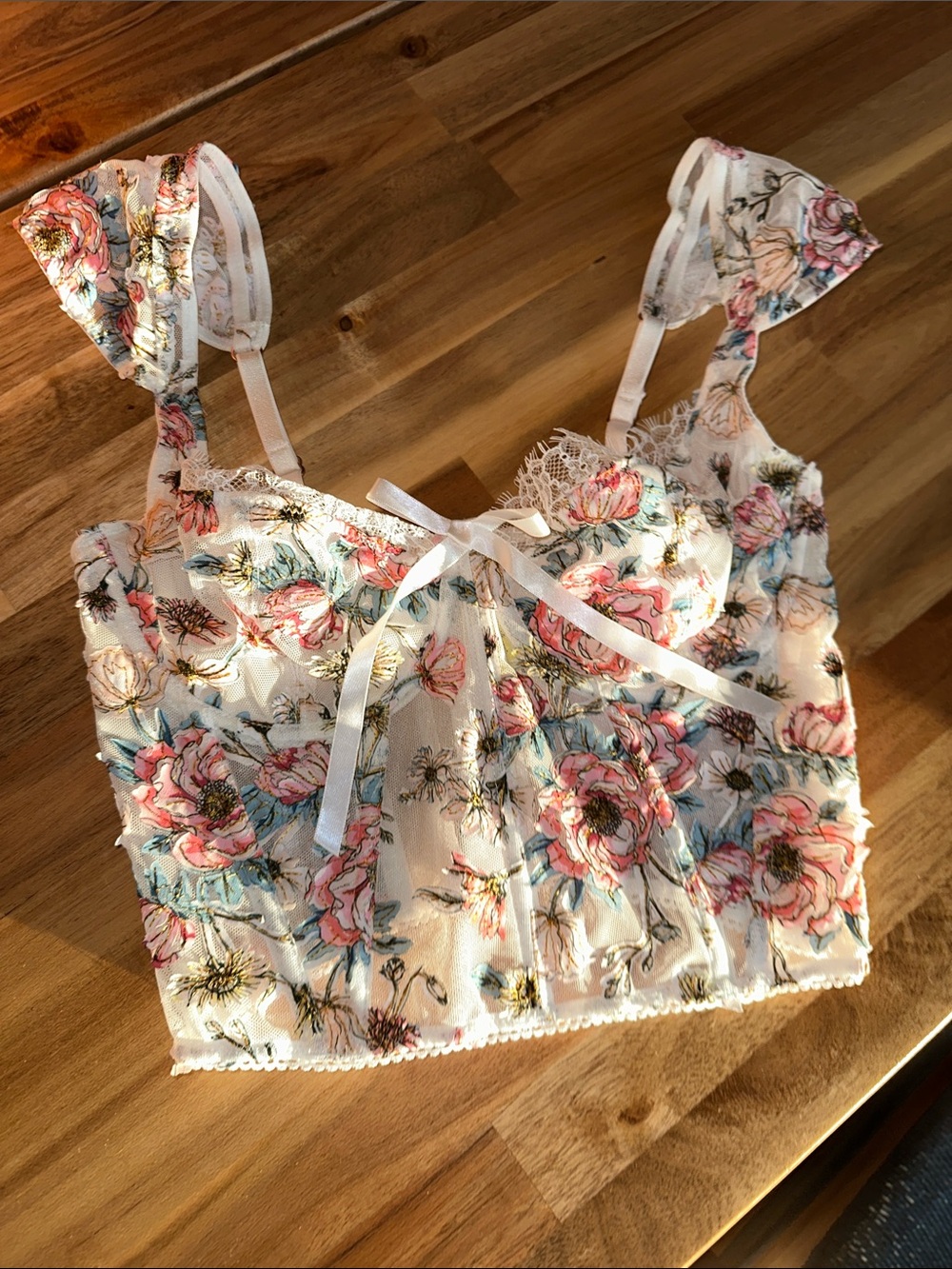 Floral Lace Trim Crop Bond Cami with Ribbon Tie - Pink & Blue Flowers